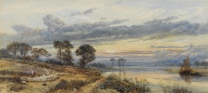 Sheeps and dog along a river